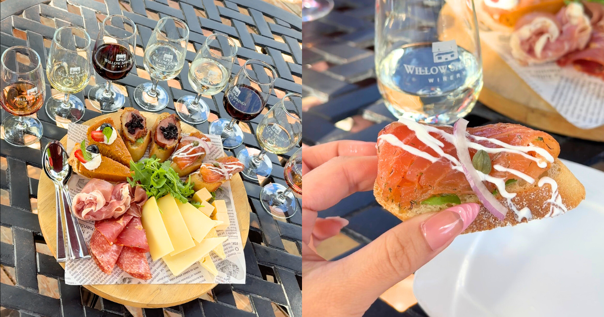 Wine and cheese pairing table setup at Willow Springs Winery Must do Toronto Day Trip Fall activityBeautiful fall wine tasting spread with glasses of wine, cheese, smoked duck, and crème brûlée at Willow Springs Winery.