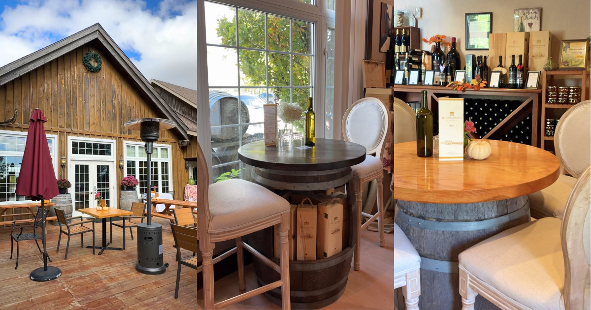 Interior of Willow Springs Winery tasting room with elegant wooden decor and cozy atmosphere