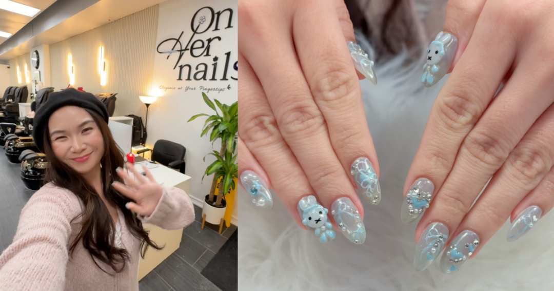 Roxanne Lacap, Toronto lifestyle content creator, at On Her Nails salon showing her soft blue Miffy nails with delicate ribbons, hearts, pearls, and stones, a cute cozy winter self care manicure.