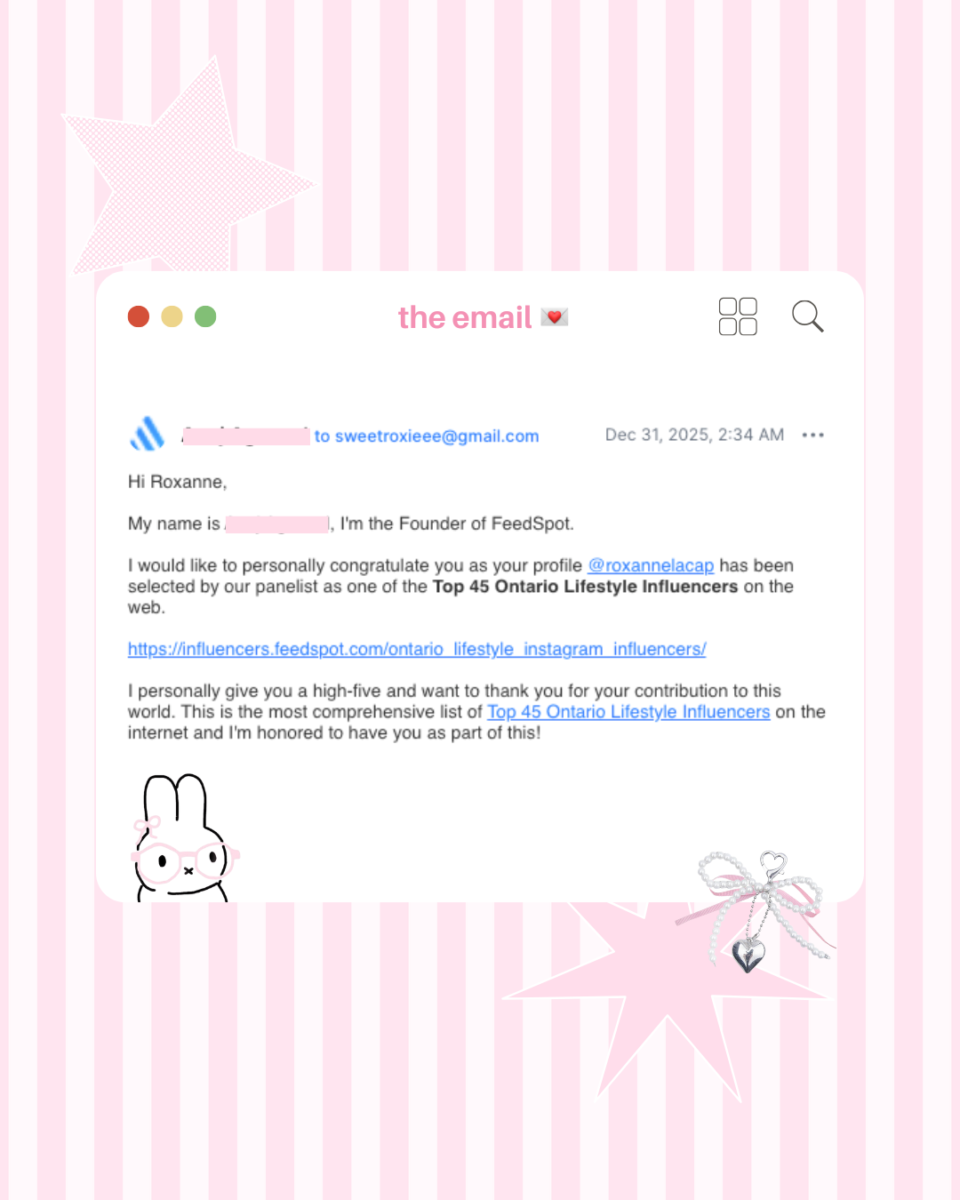 The email that Roxanne Lacap received letting her know she's part of the top 45 ontario lifestyle influencer list