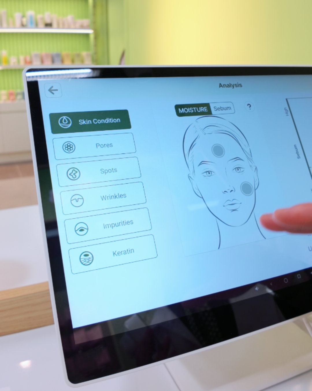 Free skin analysis machine screen showing skin condition pores wrinkles and moisture assessment at Sukoshi Mart Toronto