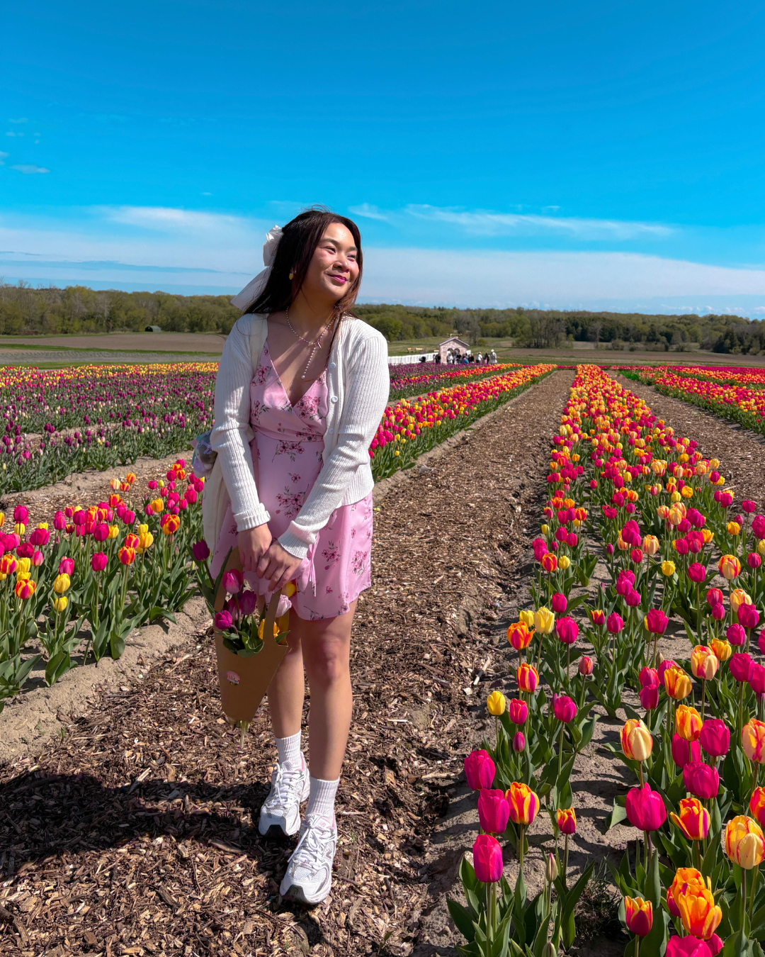 Roxanne Lacap Toronto lifestyle content creator standing in a tulip farm field wearing a pink floral dress and white cardigan whimsy spring activities