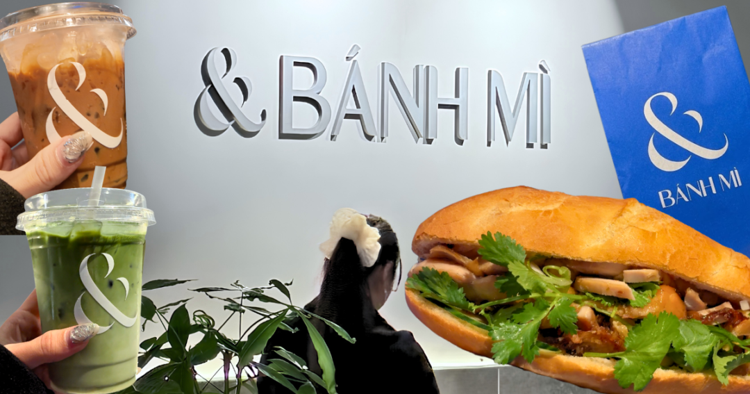 A featured blog post image banner showcasing food and drinks at & Bánh Mì Toronto: including a detailed Banh Mi sandwich, hands with silver manicures holding an iced Vietnamese coffee and a matcha latte with logos, the branded wall signage, a blue takeout bag, and lifestyle creator Roxanne Lacap viewed from behind