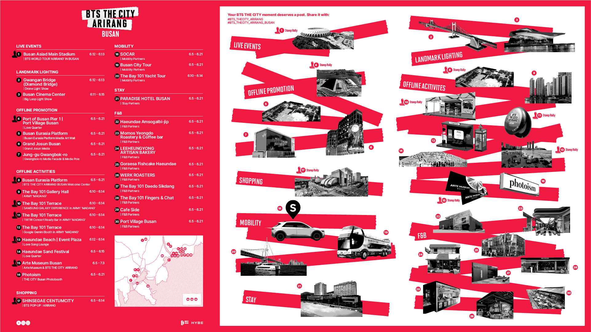 A official BTS THE CITY ARIRANG event guide map for Busan, detailing live events at Busan Asiad Main Stadium, landmark lightings, offline promotion spots, shopping at Shinsegae Centum City, and official partner restaurants. A vital planning map graphic for a BTS Festa 2026 concert travel guide.