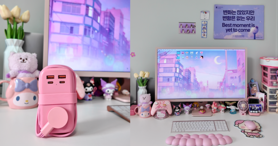 A beautiful pink aesthetic desktop setup featuring a pink NTONPOWER power strip on a white desk next to cute kawaii characters, sanrio figures, a pink monitor, and a cloud wrist rest.